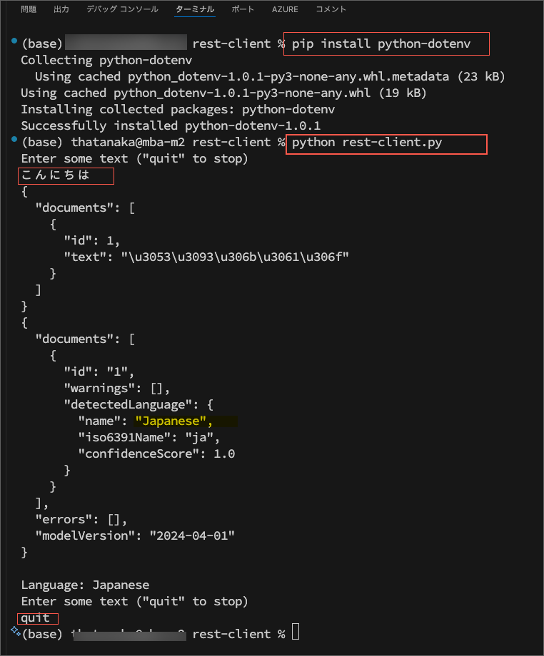 pip と rest-client.py の実行結果