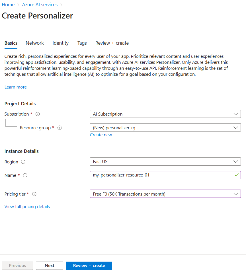 Azure AI Personalizer リソースの作成方法を示す Azure portal のスクリーンショット