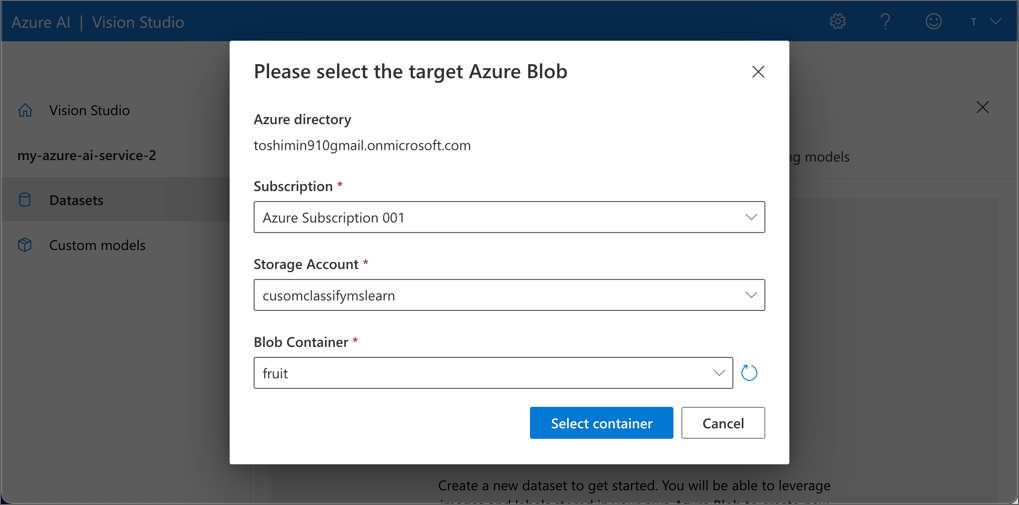 Select the target Azure Blob