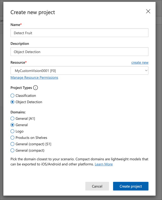 Create new custom vision project