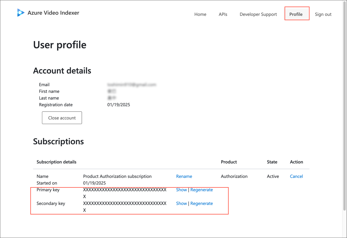 プロフィールページからキーの取得